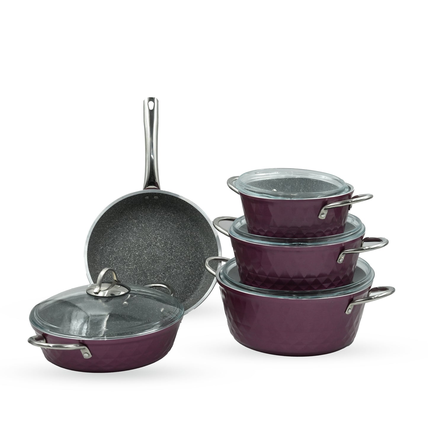 FLZ-BDD-PP-09 Falez Diamond Pro Cookware Set 9-Piece – Purple Finish – Non-Stick Durable Casserole Pots and Frying Pan with Glass Lids for Modern Kitchens