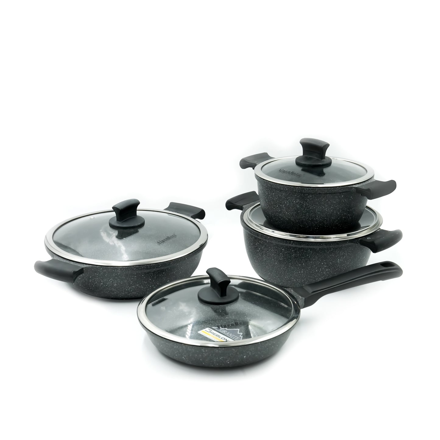 GV-352 Cookware Set 8-Piece – Dark Grey Granite Finish - Non-Stick Durable Pots and Pans with Glass Lids for Everyday Cooking