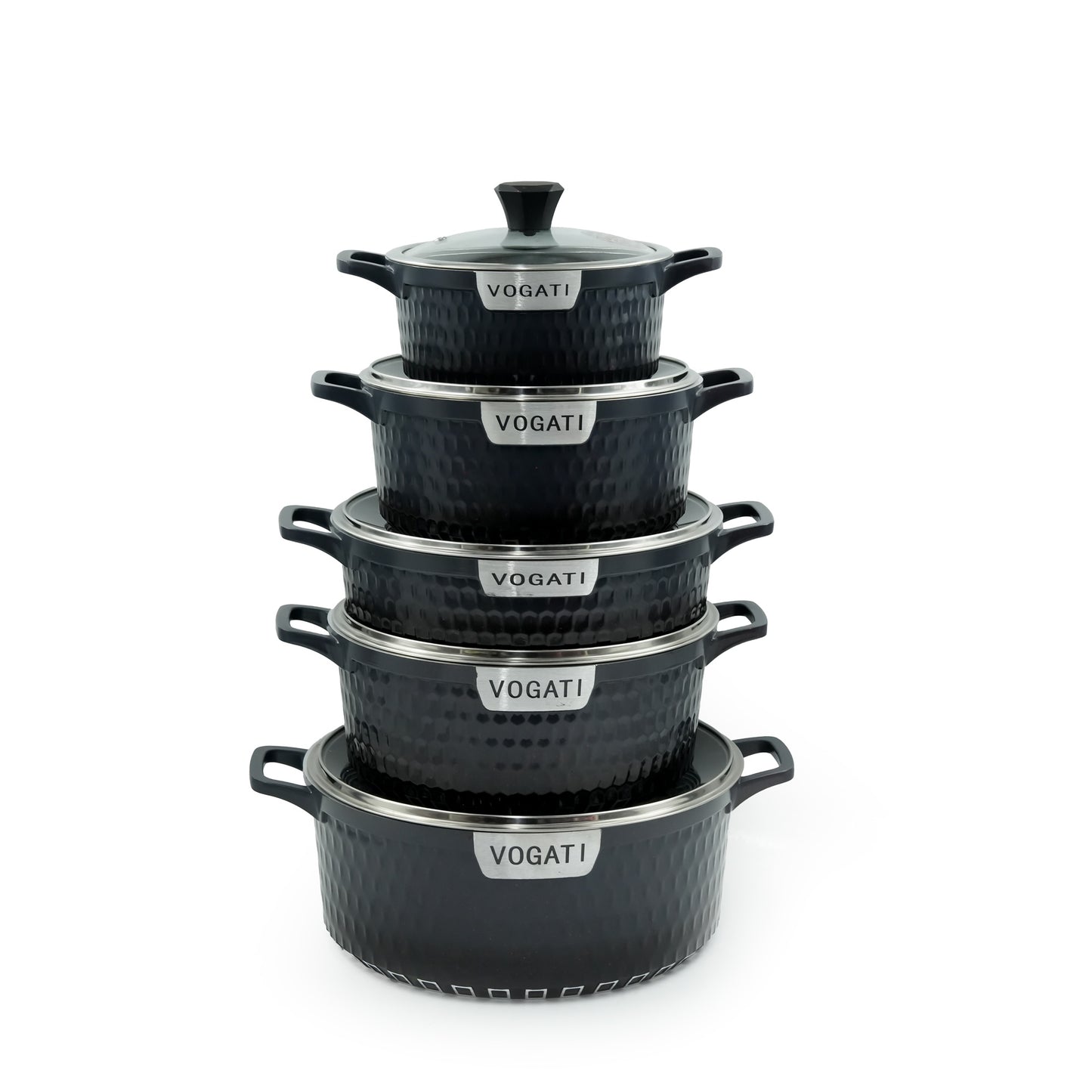 DMO Cookware Set 10-Piece – Textured Black Finish – Non-Stick Durable Casserole Pots with Tempered Glass Lids for Stylish Modern Kitchens