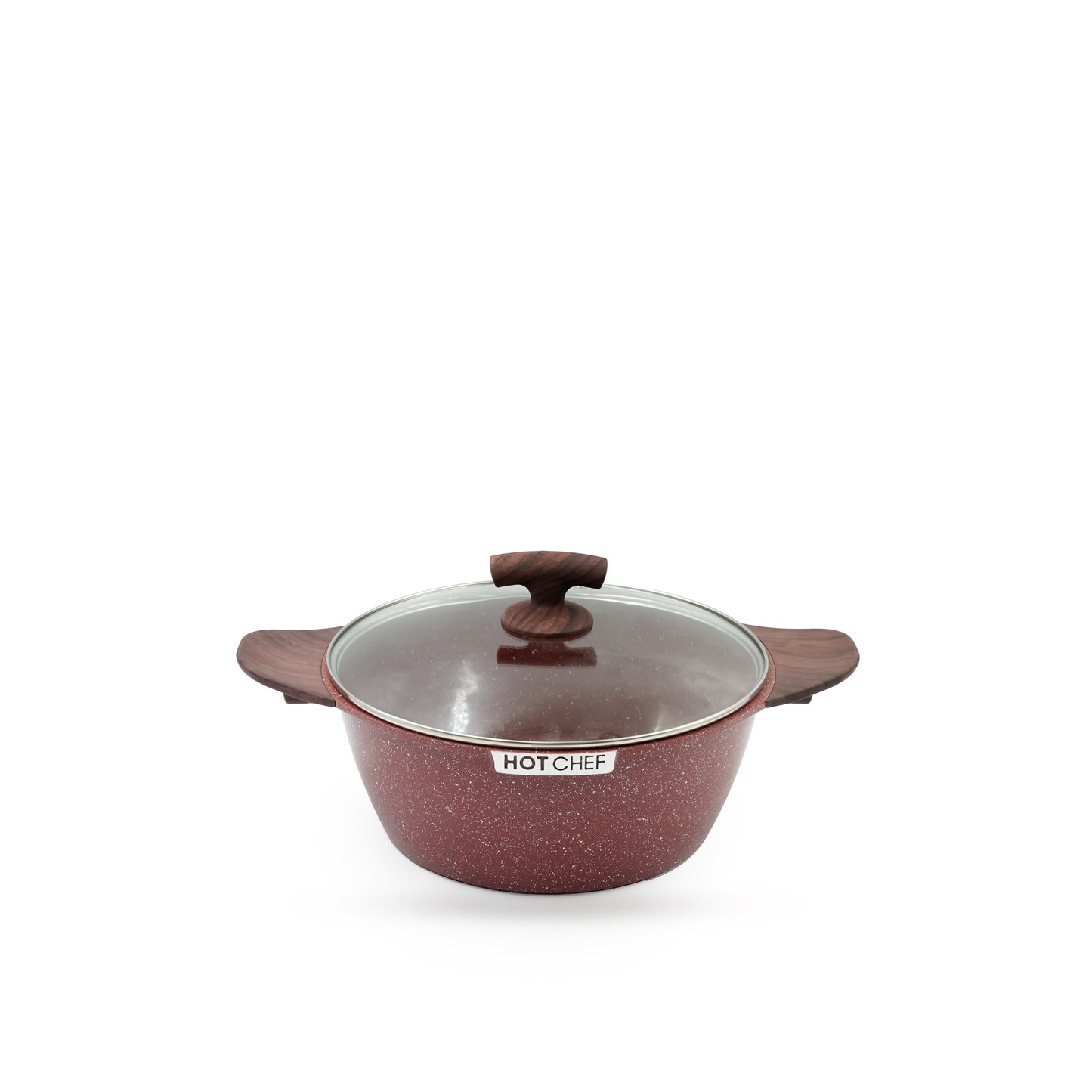 IE-57091-P HotChef Cookware Set 10-Piece – Elegant Red Granite Finish – Non-Stick Casseroles and Shallow Pan with Wood-Style Handles and Tempered Glass Lids for Everyday Cooking