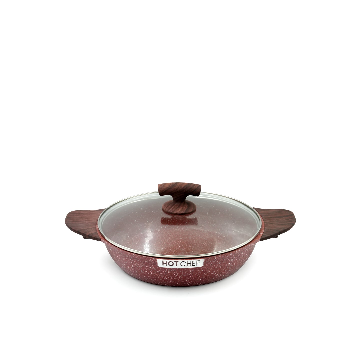 IE-57091-P HotChef Cookware Set 10-Piece – Elegant Red Granite Finish – Non-Stick Casseroles and Shallow Pan with Wood-Style Handles and Tempered Glass Lids for Everyday Cooking