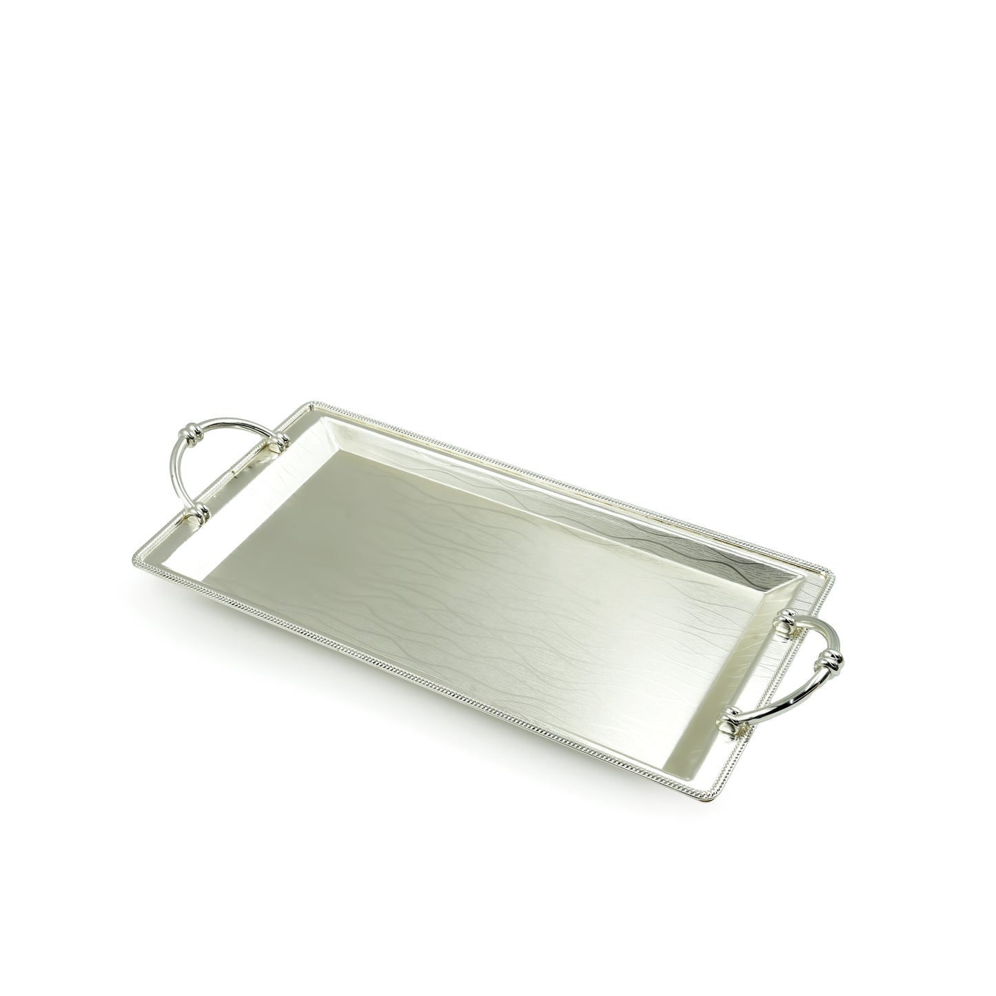 AMS-TW-2354 Rectangle Tray Silver – 3.5cm (H) × 26cm (L) × 58cm (W) – Elegant Silver-Finish Serving Tray with Handles for Sweets, Drinks, and Decorative Use