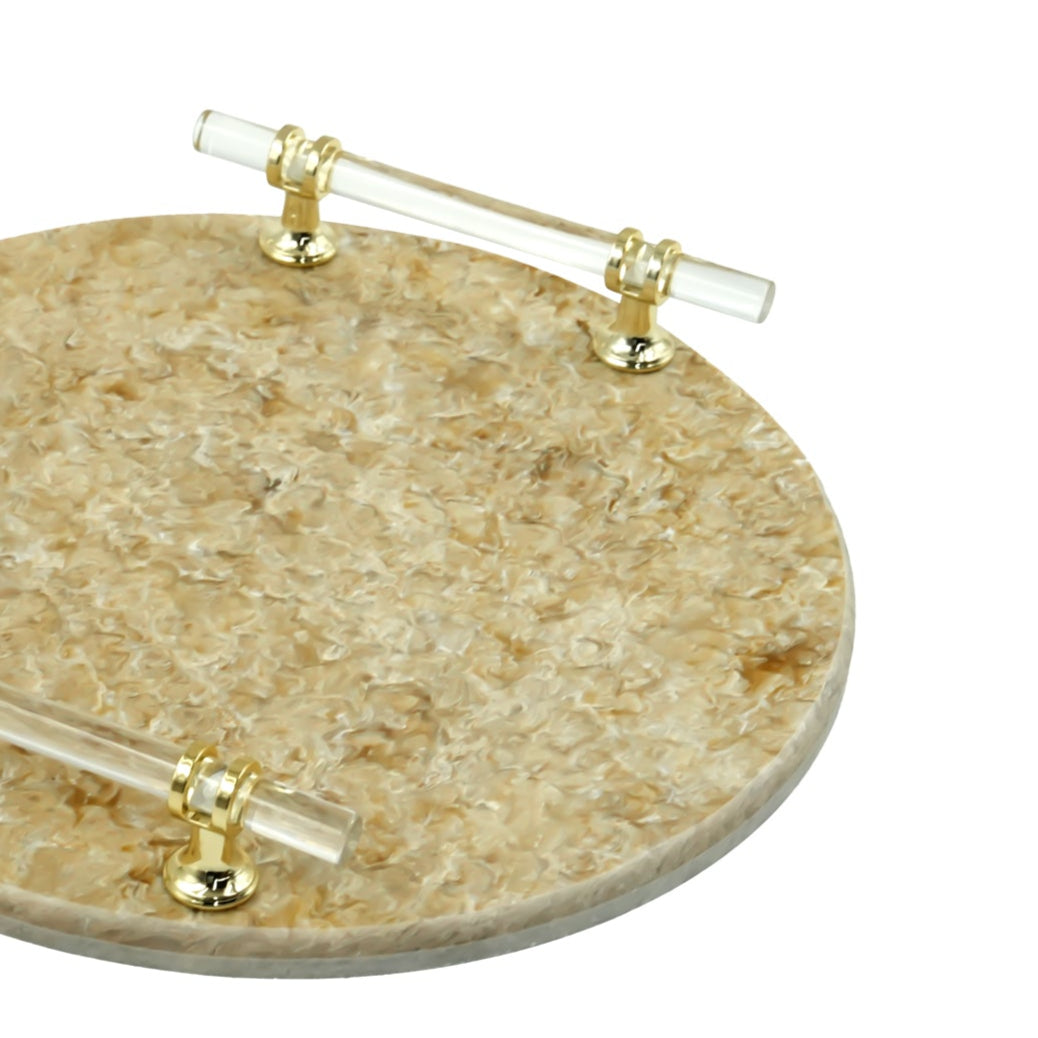 EA-COR004M Marble Round Tray – 29cm Diameter – Luxurious Beige Marble Serving Tray with Golden Handles for Elegant Display or Hosting