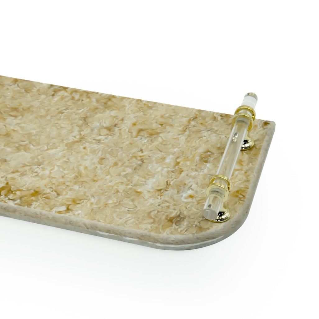 EA-COR003S Marble Tray with Golden Handles – 35cm (L) × 18cm (W) – Classic Beige Rectangular Marble Serving Tray for Home Decor and Gifting