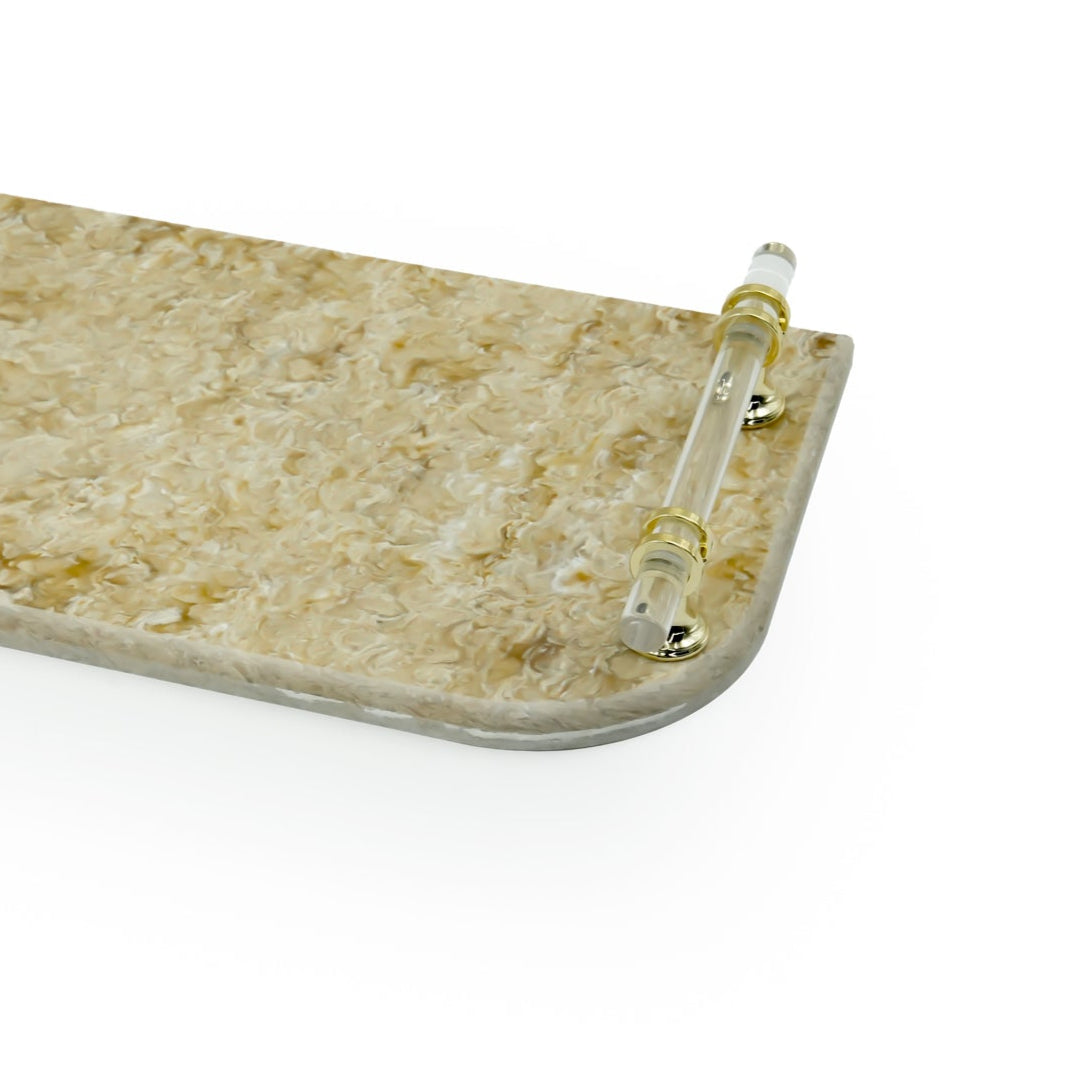 EA-COR003M Marble Tray with Golden Handles – 40cm (L) × 24cm (W) – Elegant Rectangular Beige Marble Serving Tray for Decor or Organizing