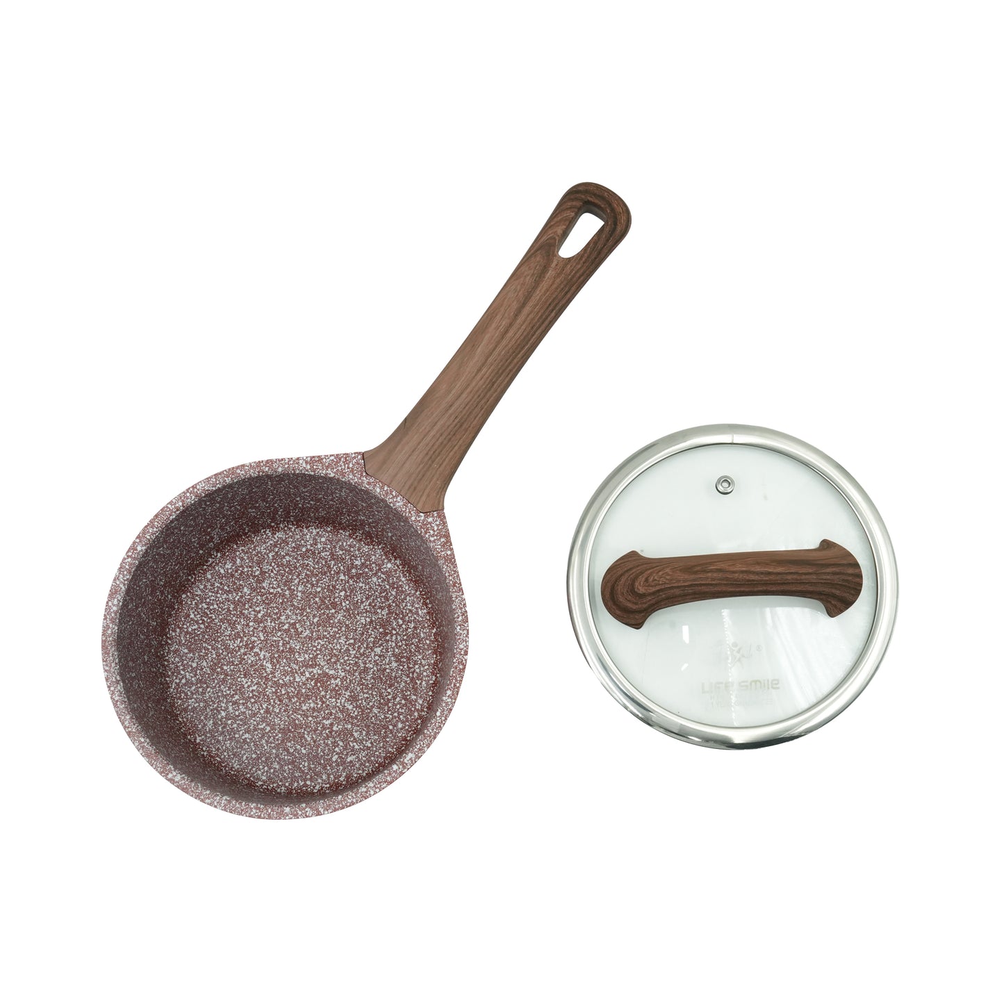 LIFEP5SAU16N Sauce Pan – 16cm Burgundy Non-Stick Granite Finish with Glass Lid and Wood-Style Handle – Compact Cookware for Sauces, Heating, and Daily Use