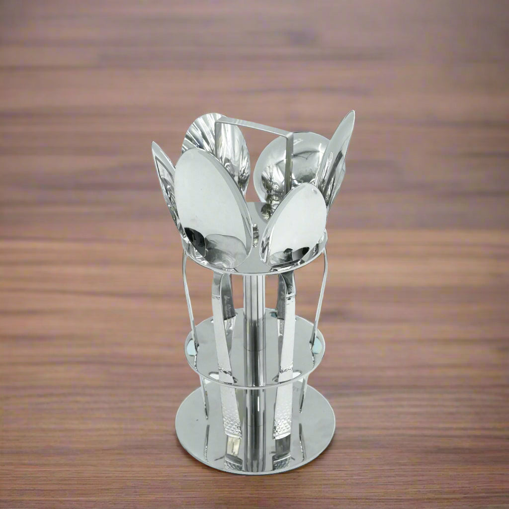 KK-116 Stainless 6-Piece Cutlery Set with Stand - Silver, Serving Spoons
