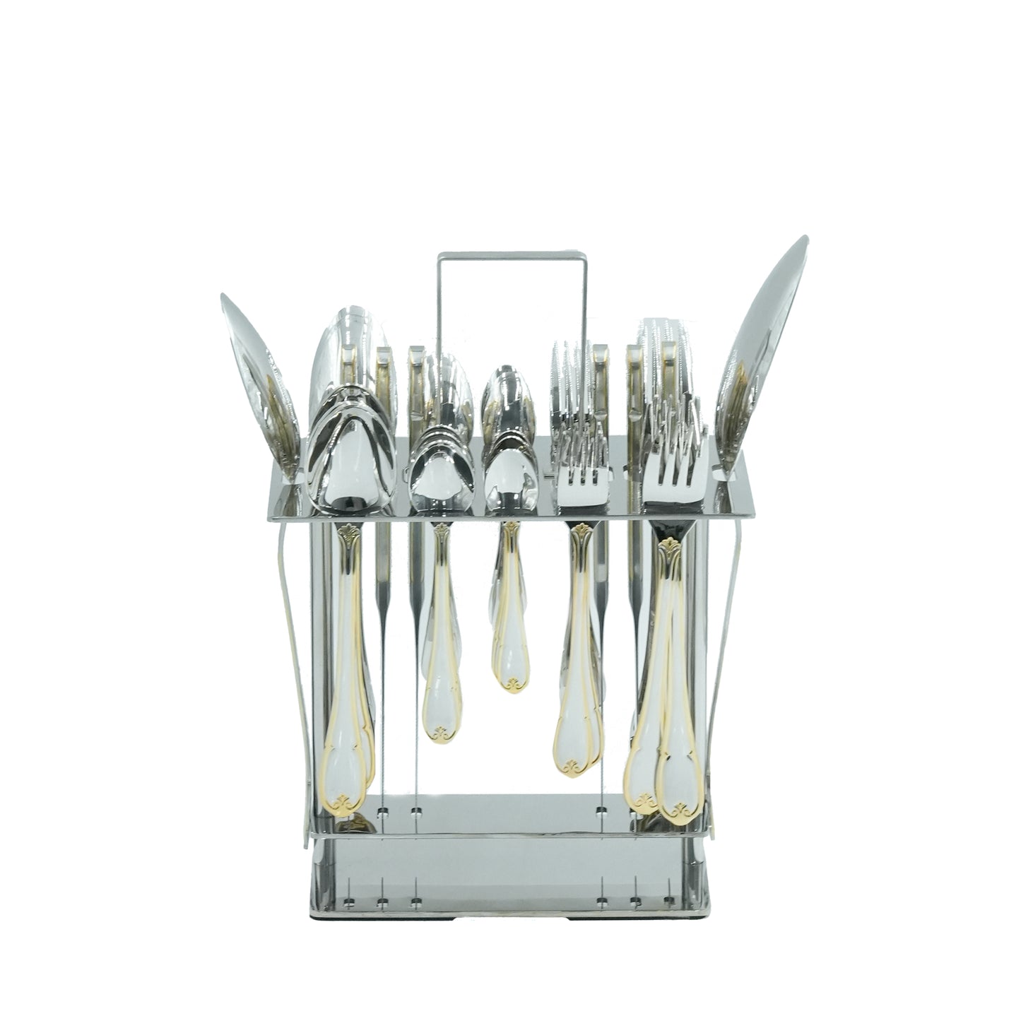 NN-166 Stainless Steel 38-Piece Cutlery Set with Stand - Silver and Gold, 18 Spoons, 12 Fork, 6 Knives & 2 Serving Spoons