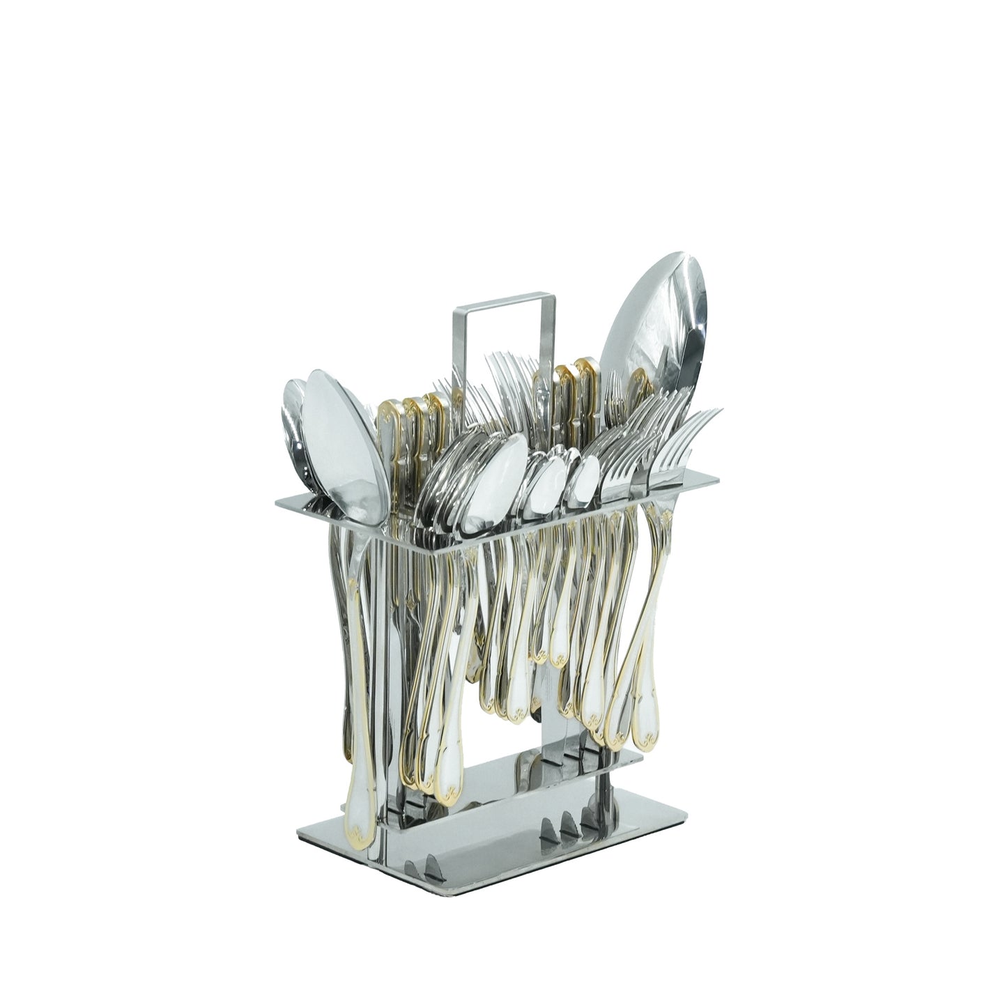NN-166 Stainless Steel 38-Piece Cutlery Set with Stand - Silver and Gold, 18 Spoons, 12 Fork, 6 Knives & 2 Serving Spoons