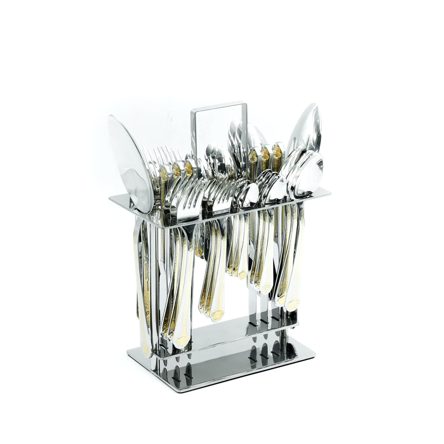 Nn-055 Stainless Steel 38-Piece Cutlery Set with Stand - Silver and Gold, 18 Spoons, 12 Fork, 6 Knives & 2 Serving Spoons