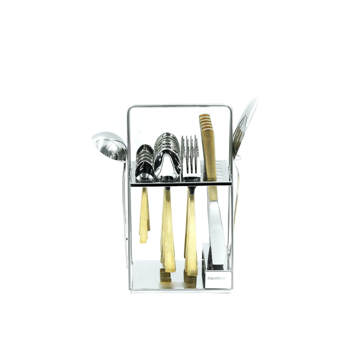 Qq-110 Stainless Steel 26-Piece Cutlery Set with Stand - Silver and Gold, 12 Spoons, 6 Fork, 6 Knives & 2 Serving Spoons