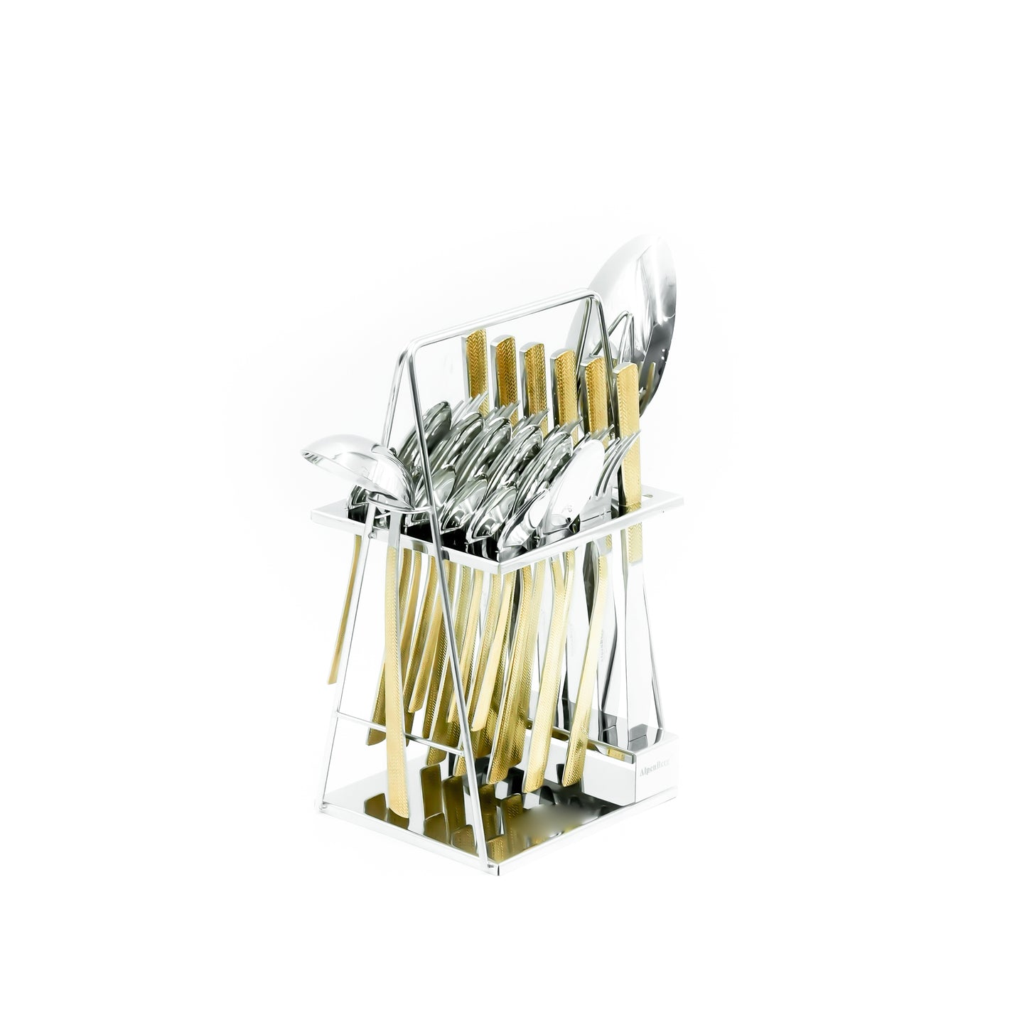 Qq-110 Stainless Steel 26-Piece Cutlery Set with Stand - Silver and Gold, 12 Spoons, 6 Fork, 6 Knives & 2 Serving Spoons