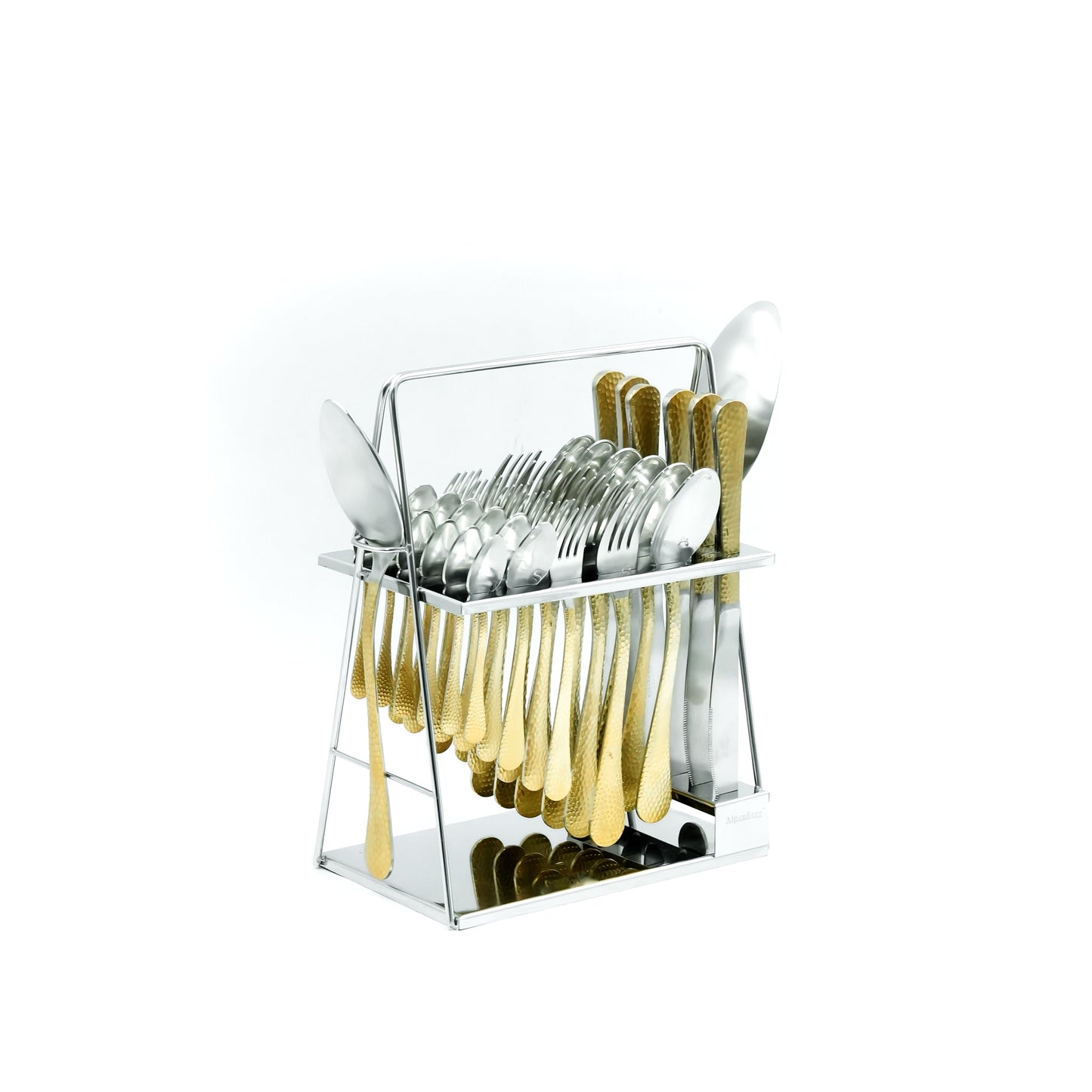 Nn-129 Stainless Steel 38-Piece Cutlery Set with Stand - Silver and Gold, 18 Spoons, 12 Fork, 6 Knives & 2 Serving Spoons