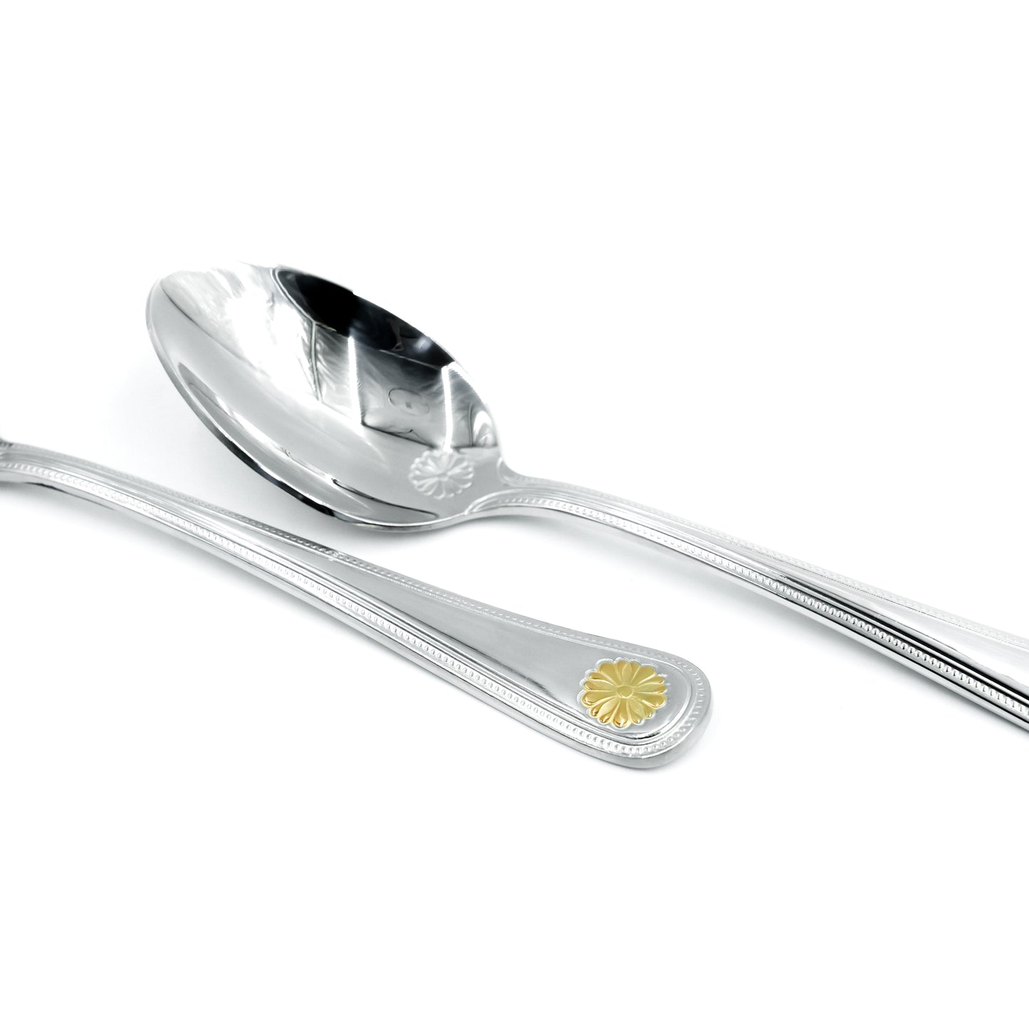 CUT0010360 Stainless Steel 32-Piece Cutlery Set with Stand - Silver and Gold,12 Spoons, 12 Forks, 6 Knives & 2 Serving Spoons