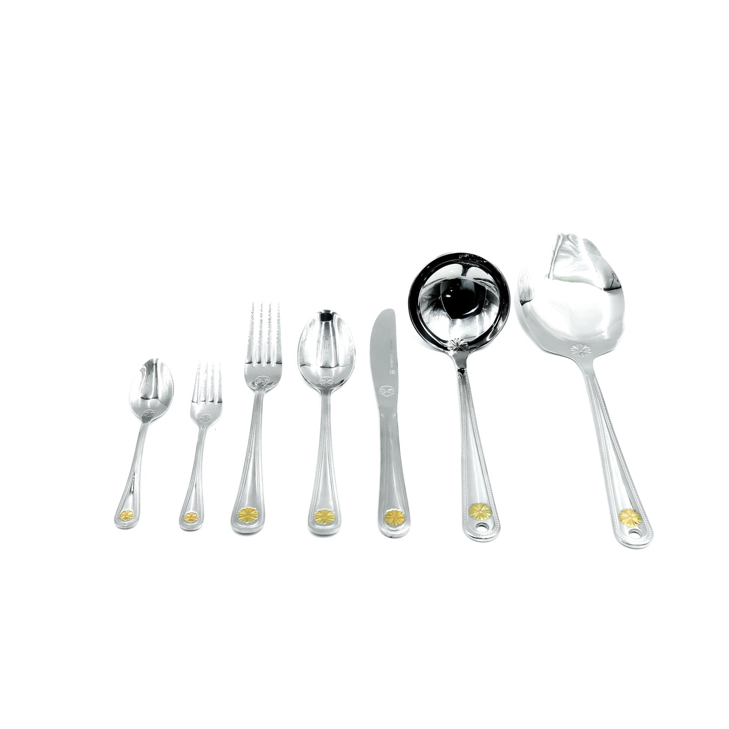 CUT0010360 Stainless Steel 32-Piece Cutlery Set with Stand - Silver and Gold,12 Spoons, 12 Forks, 6 Knives & 2 Serving Spoons