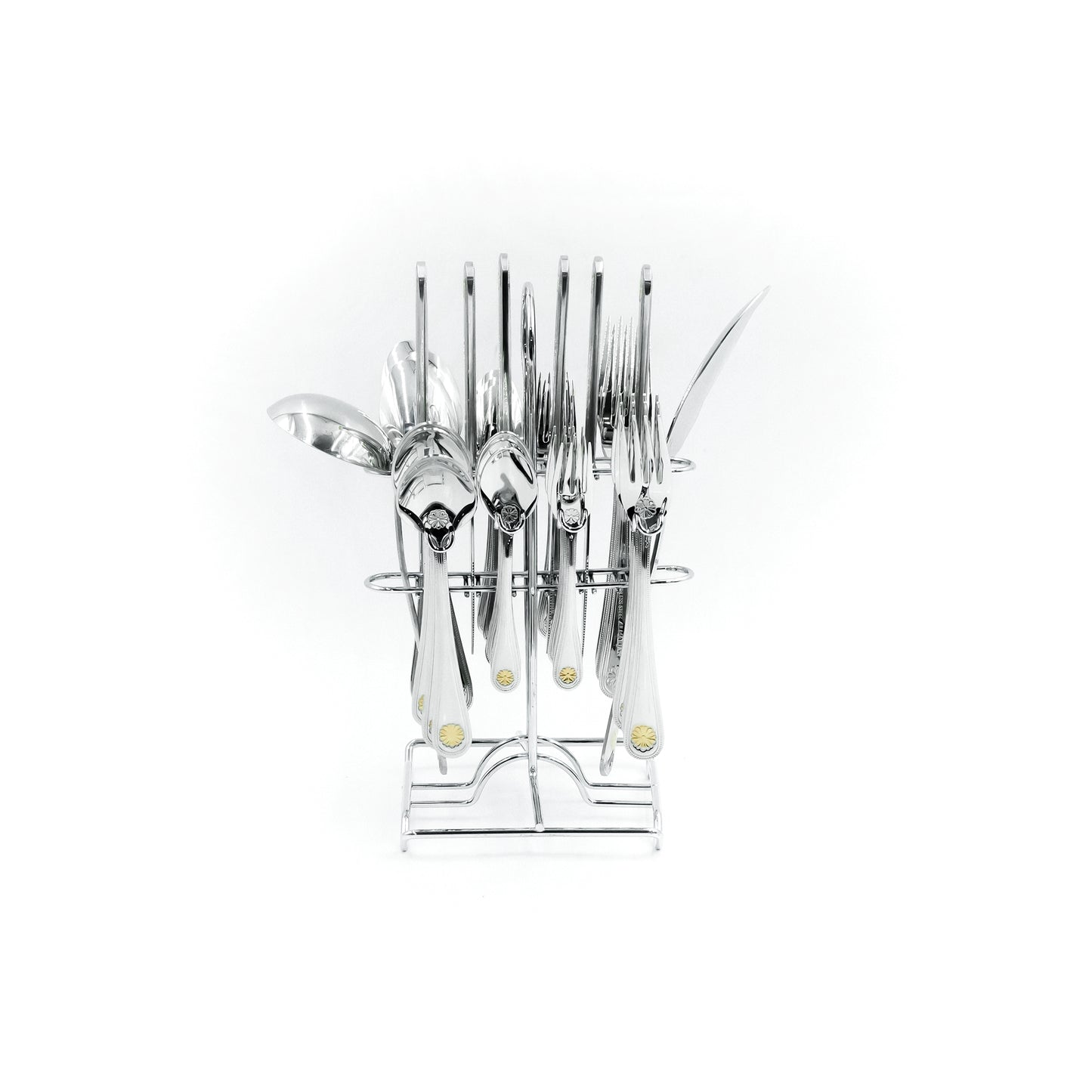 CUT0010360 Stainless Steel 32-Piece Cutlery Set with Stand - Silver and Gold,12 Spoons, 12 Forks, 6 Knives & 2 Serving Spoons