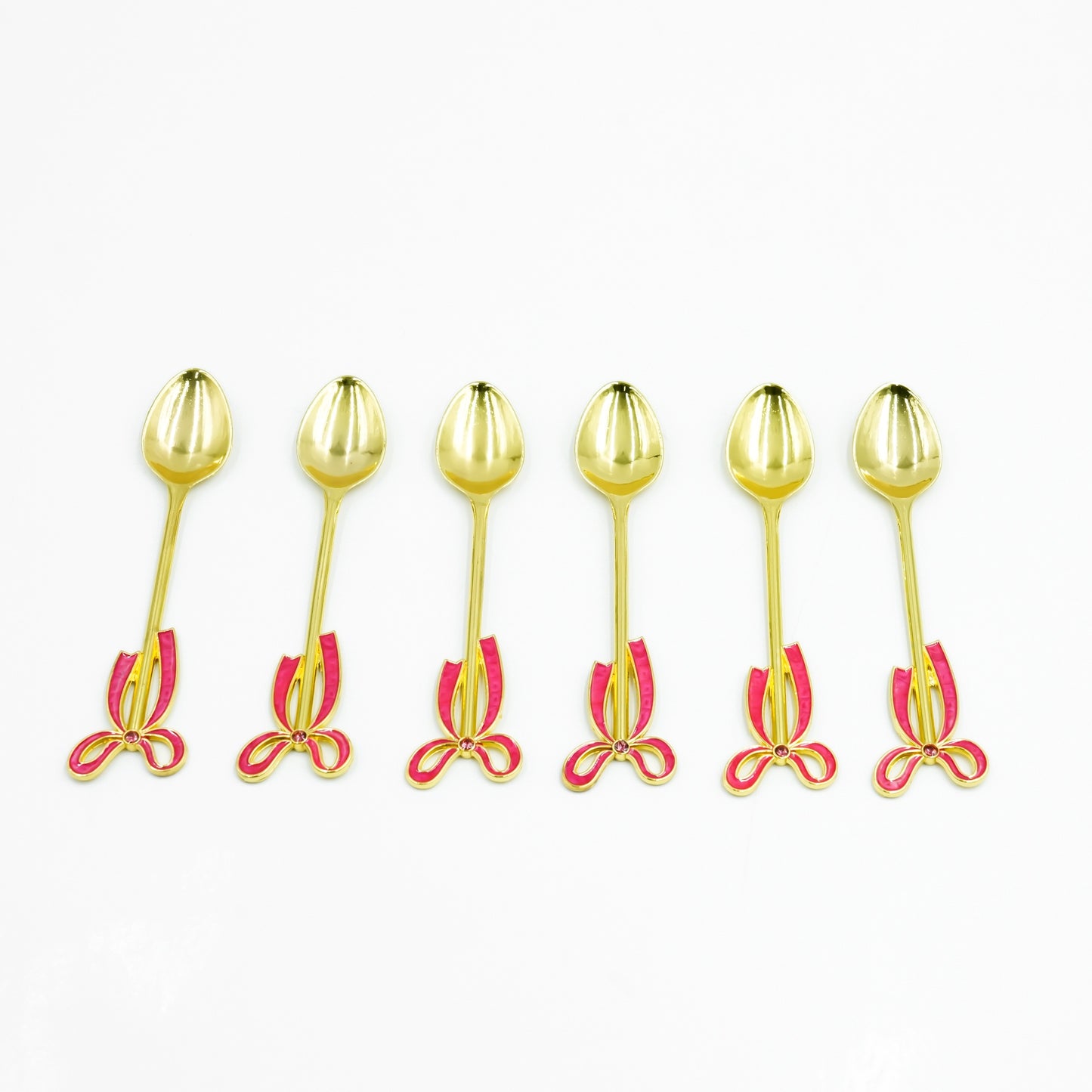 IE-52508 Stainless Steel 6-Piece Spoon Set – Gold with Red Decorative Handle, 12cm