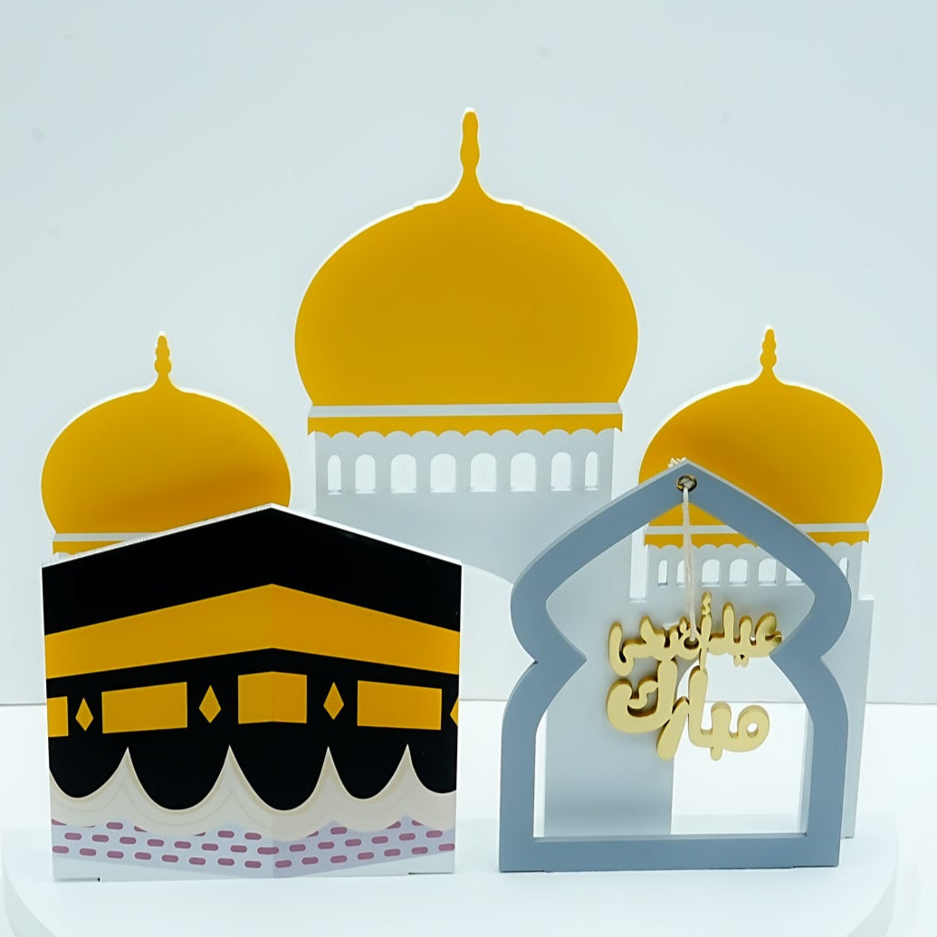 Wooden Eid Al Adha Decorative Stand – Mosque & Kaaba Design – 33cm (W) × 14cm (L) × 30cm (H) – 0317-12