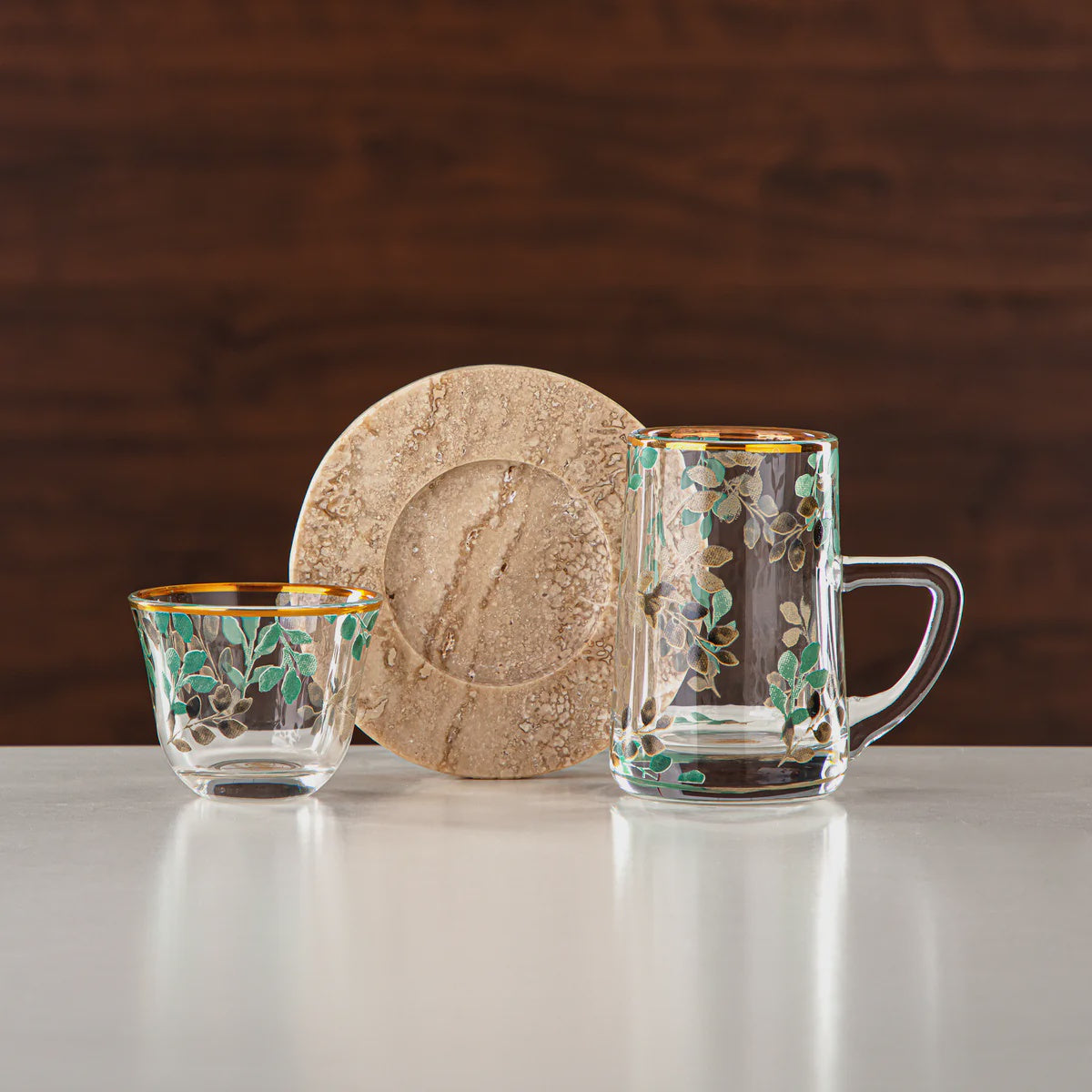 GLS2630068 Tea & Coffee Set 18 Pieces, Glass & Travertine