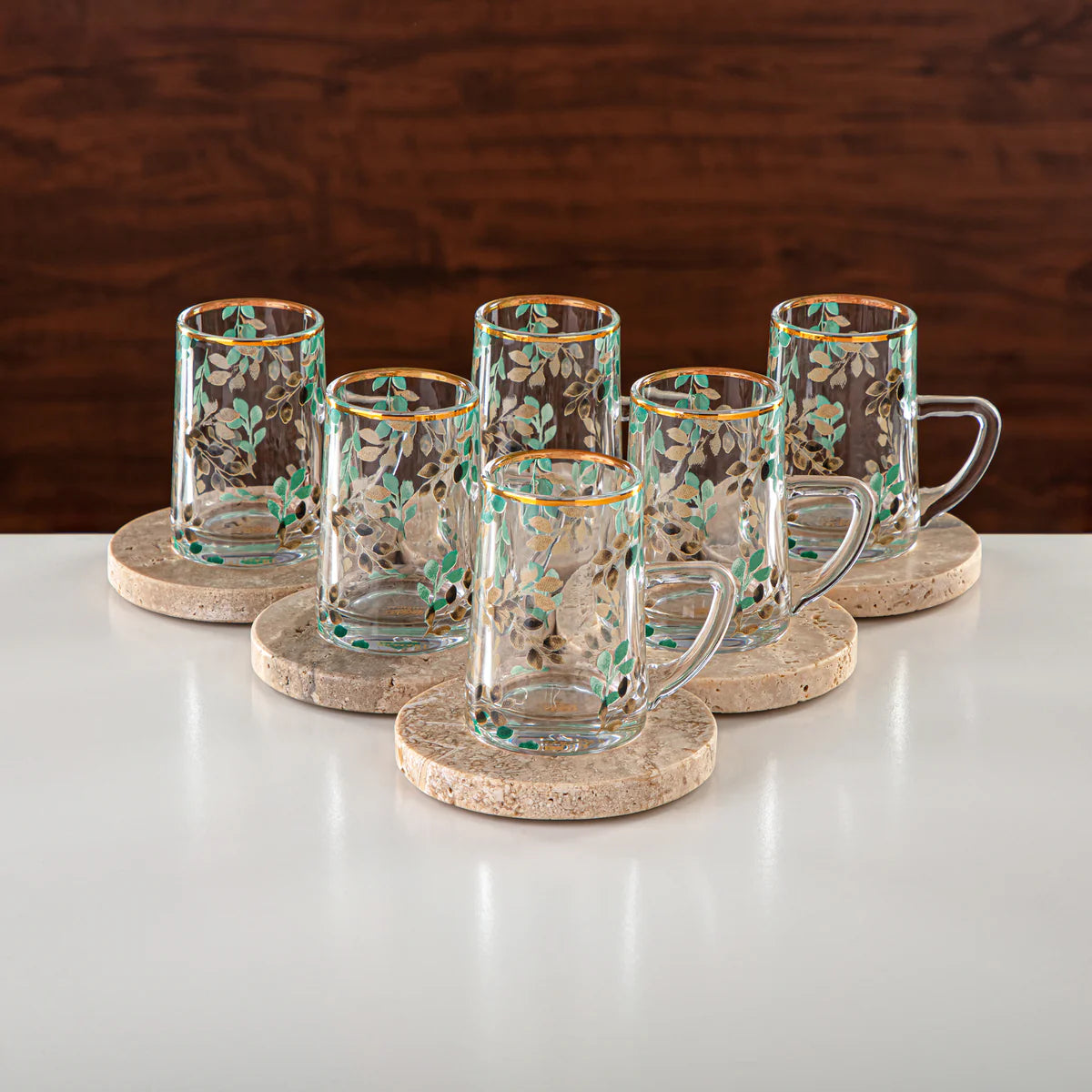 GLS2630068 Tea & Coffee Set 18 Pieces, Glass & Travertine