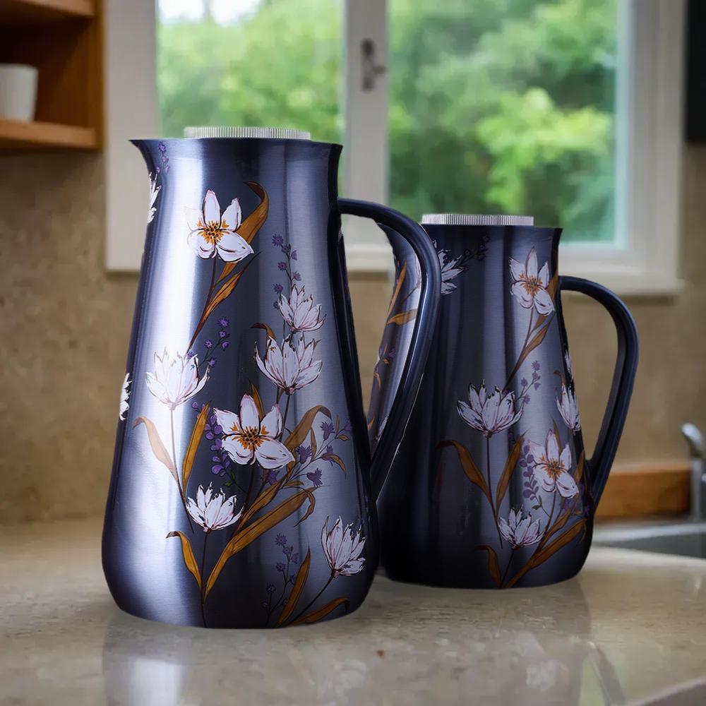 SG3M Printed Vacuum Flask 2-Piece Set (0.5L + 1L) – Elegant Insulated Stainless Steel Flasks with Floral Design