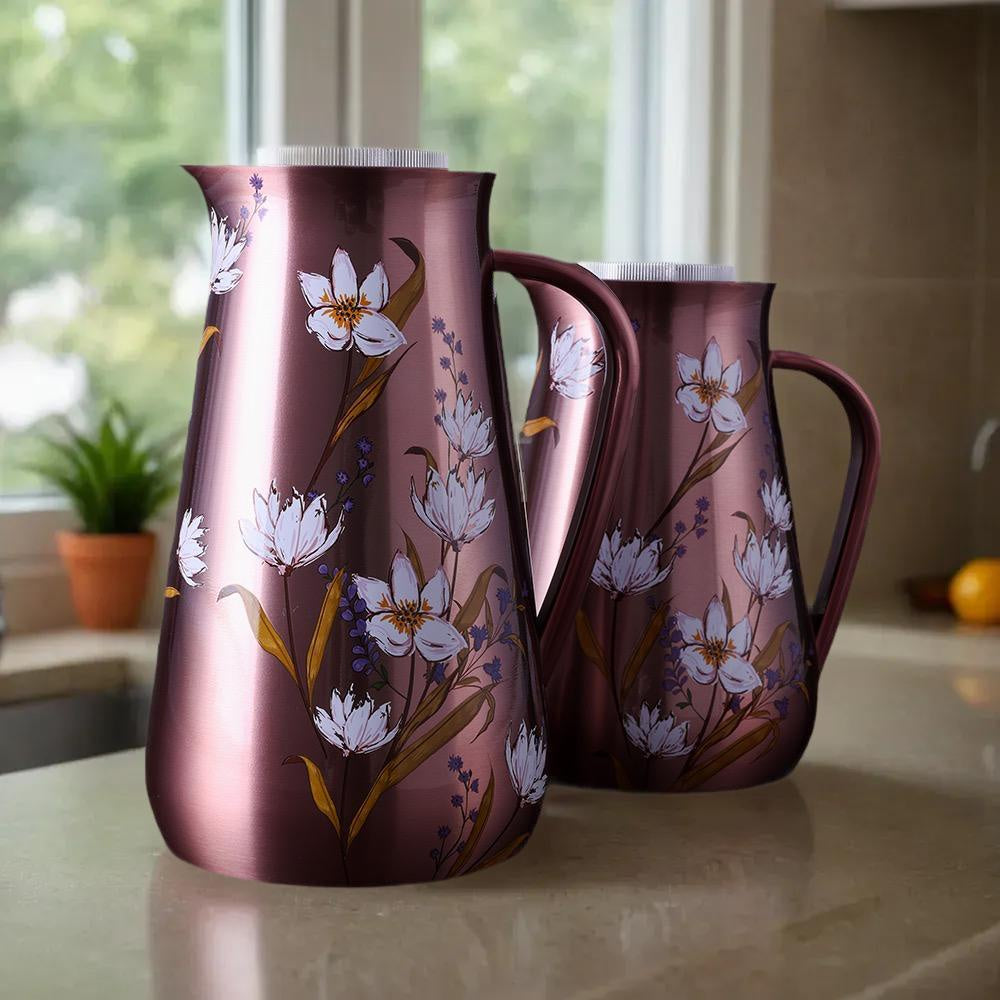 SG3M Printed Vacuum Flask 2-Piece Set (0.5L + 1L) – Elegant Insulated Stainless Steel Flasks with Floral Design