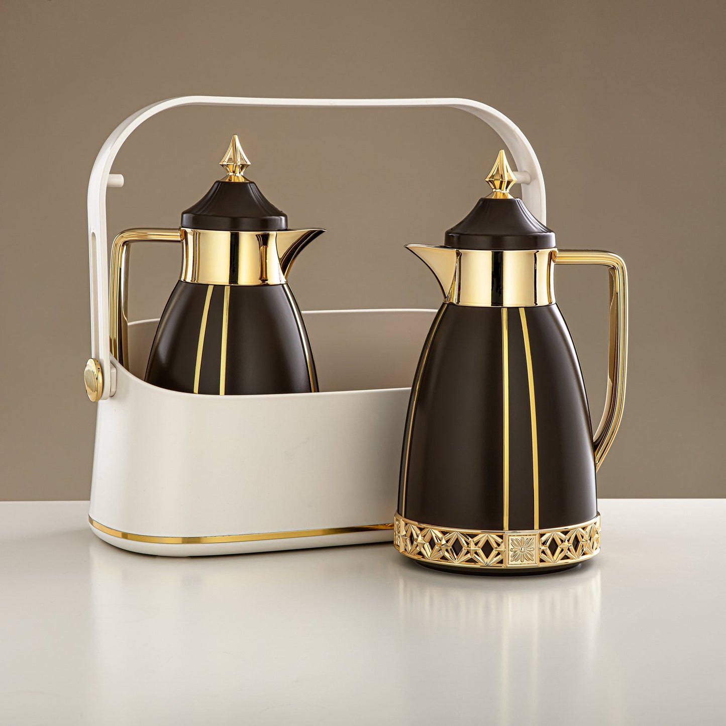 Fb208 Vacuum Flask 2Pc Set Brown Gold W/Basket