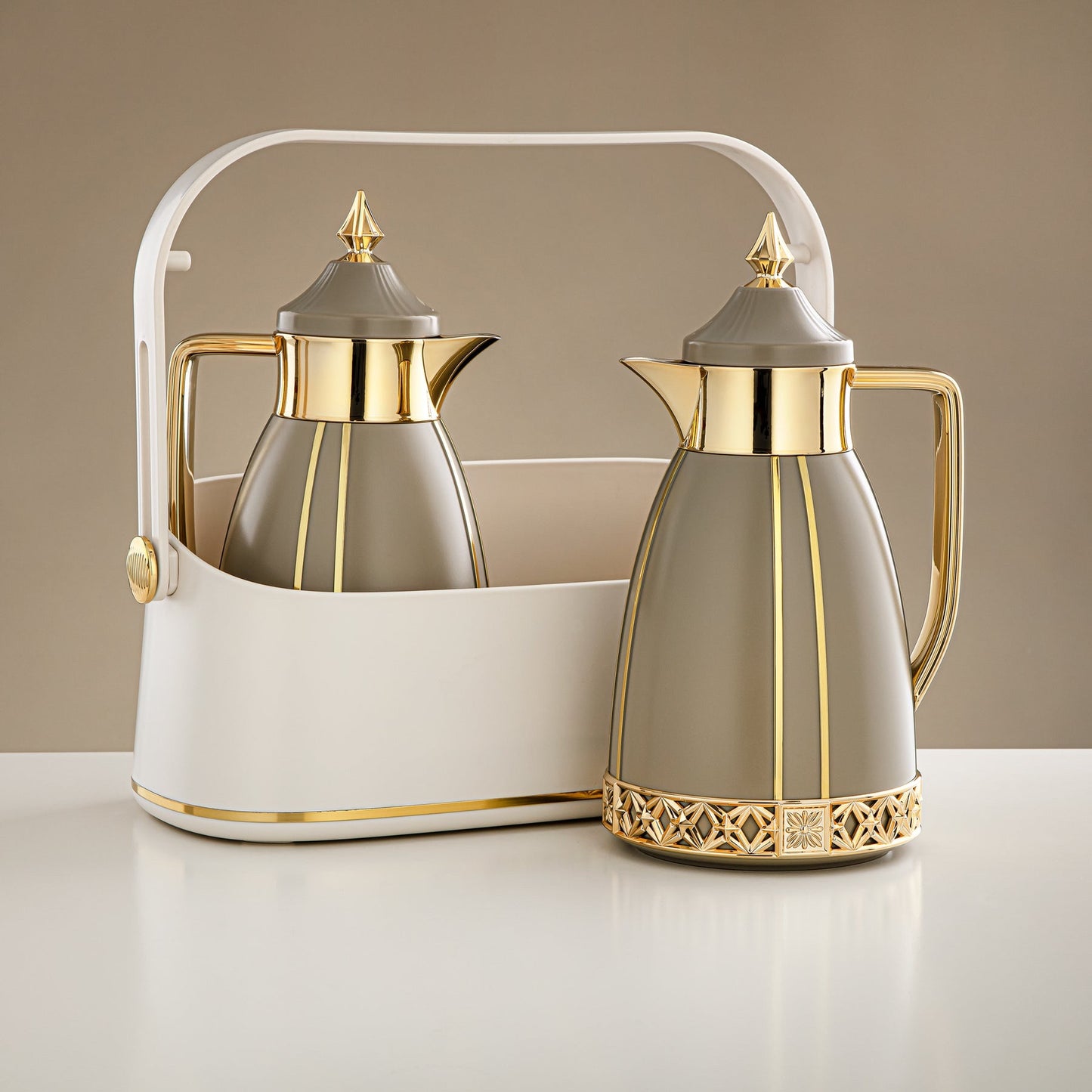 Fb208 Vacuum Flask 2Pc Set Khaki Gold W/Basket