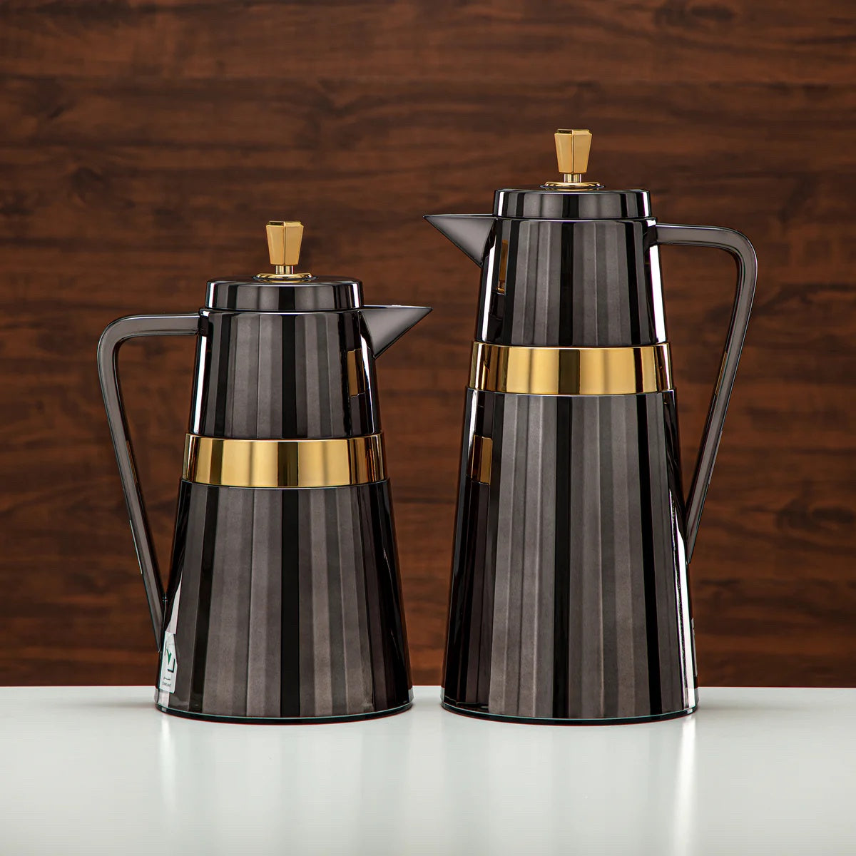 C77-BG Vacuum Flask 2PC Set (1L + 0.7L) – Black and Gold Finish – Elegant Thermal Bottles for Hot and Cold Drinks