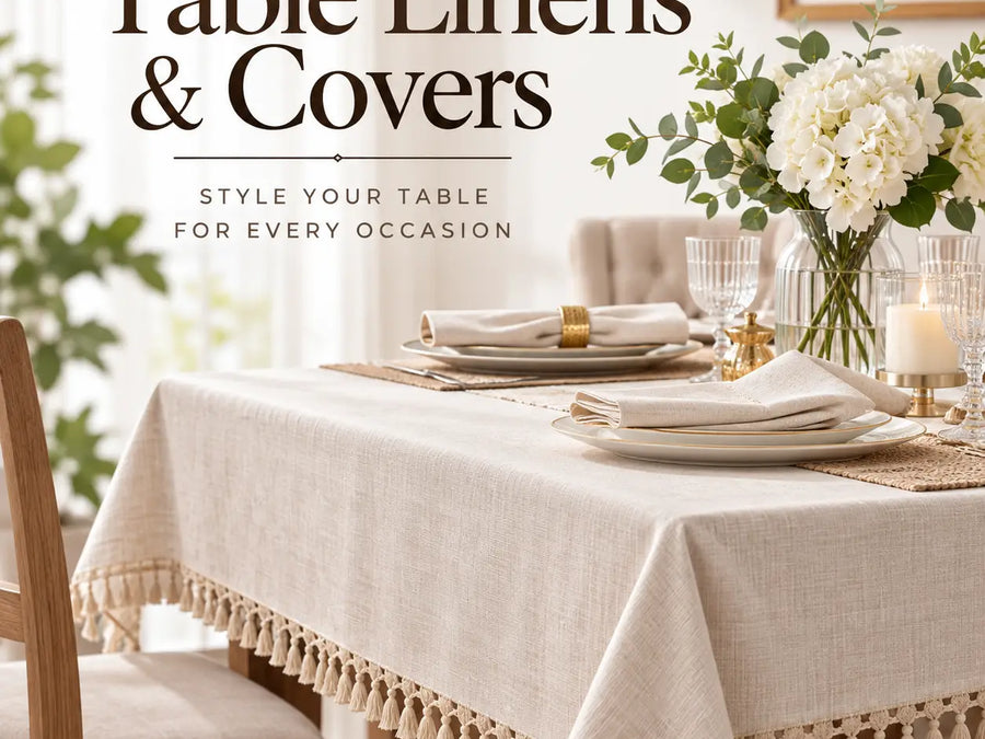 Table Linens & Covers Collection Featuring Fringed Tablecloth, Napkins and Elegant Dining Table Setting – Siddiq Gifts
