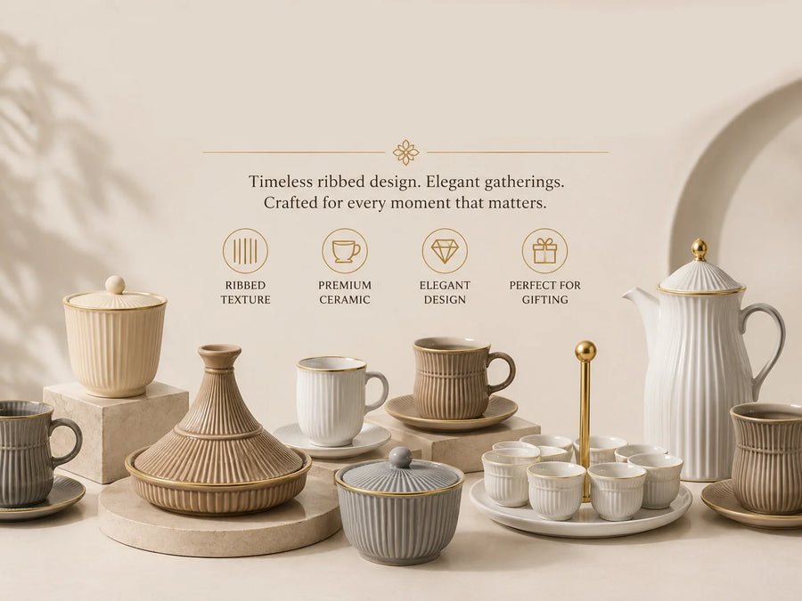 CJ Ribbed Collection premium ceramic tea and coffee serveware featuring ribbed texture, elegant gold accents, Arabic coffee cups, mugs, serving tray sets, and decorative containers in ivory, beige, and grey finishes.