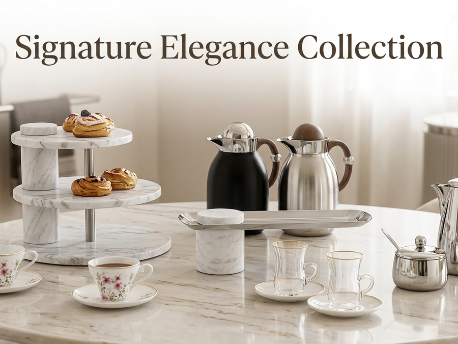 Signature Elegance Collection – luxury tea sets, vacuum flasks, marble serveware, and premium hospitality essentials.