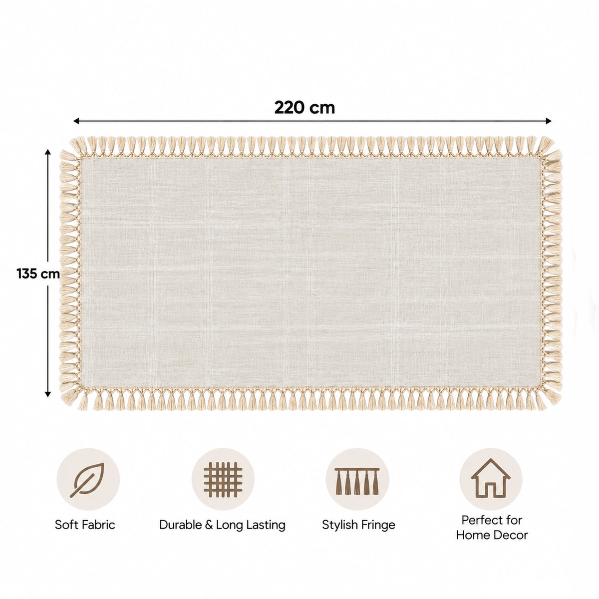 97187-14/99315-11 Fabrix Fringed Rectangular Tablecloth – 135 × 220 cm –  Cream