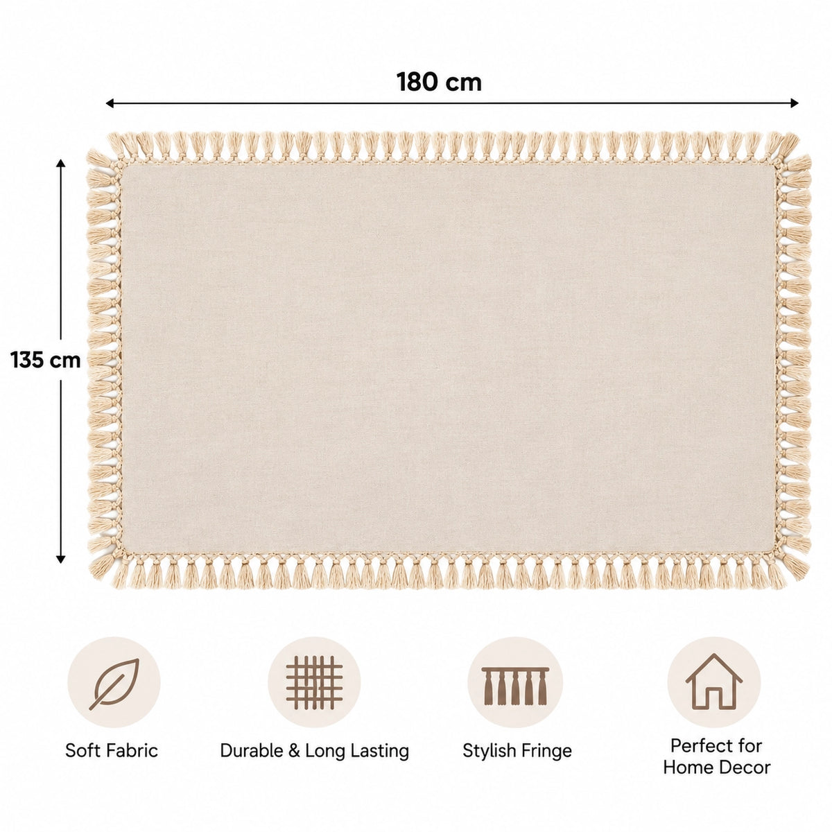97186-18/99314-16 Fabrix Fringed Rectangular Tablecloth – 135 × 180 cm – Beige