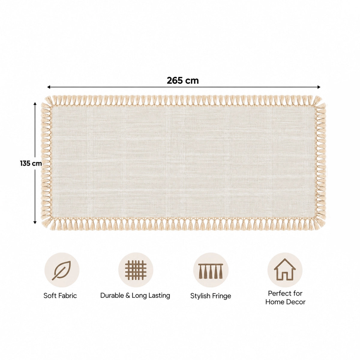 97187-15/99315-12 Fabrix Fringed Rectangular Tablecloth – 135 × 265 cm – Cream