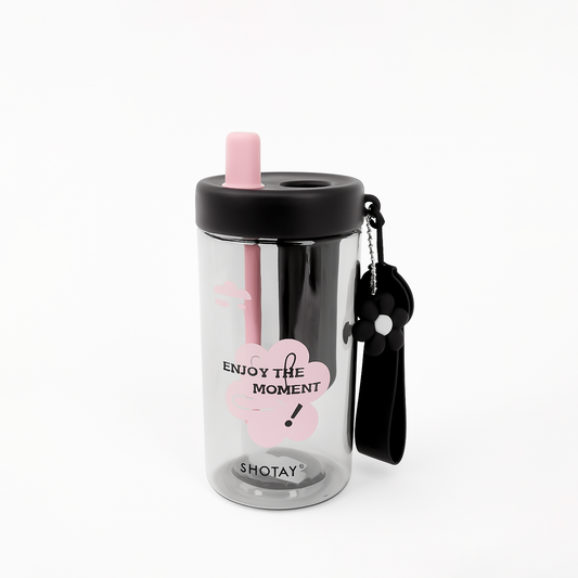 99610-13 – Thermos Water Bottle 620 ml – Pink & Black with Strap and Flower Charm