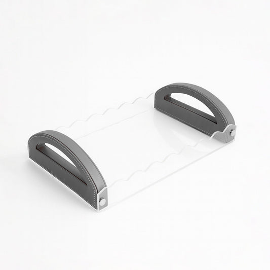 TR0046 – Acrylic Tray with Leather Handle 50x30 cm – Silver