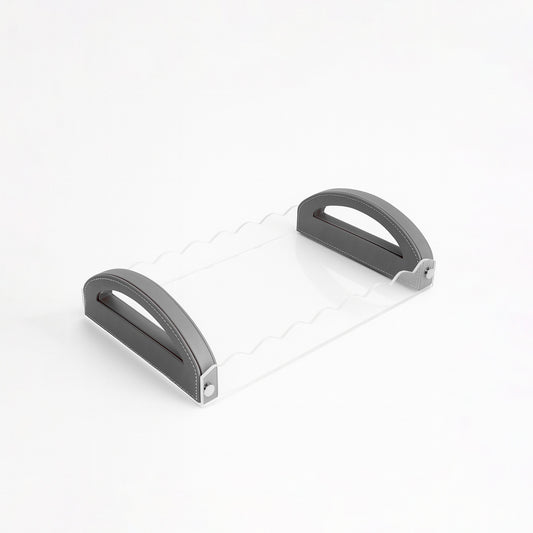 TR0047 – Acrylic Tray with Leather Handle 40x26 cm – Silver