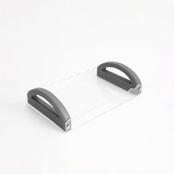 TR0047 – Acrylic Tray with Leather Handle 40x26 cm – Silver