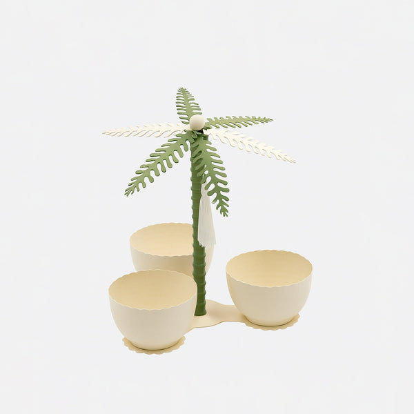301-6 Nut Bowl Set with Stand – Palm Tree Design – 3-Piece Bowls – Ivory Finish