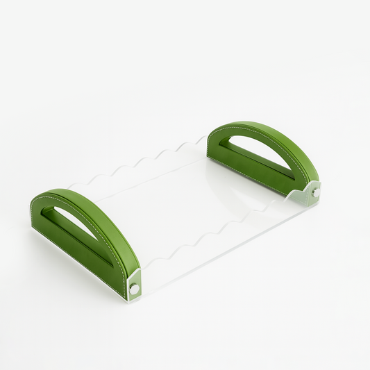 TR0046 – Acrylic Tray with Leather Handle 50x30 cm – Green
