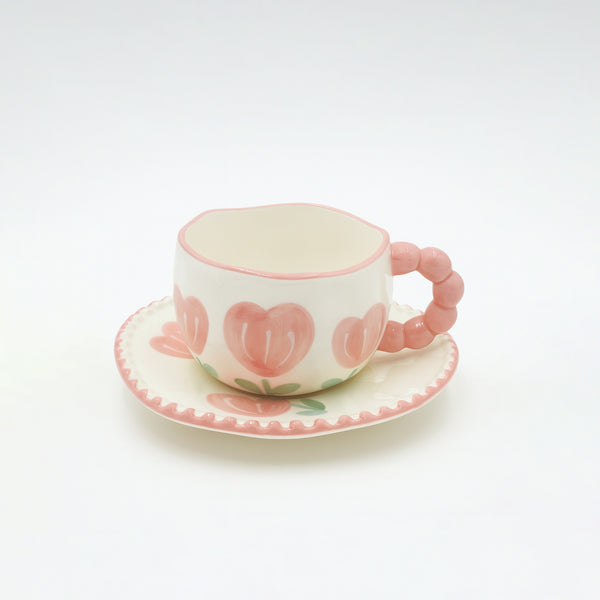 1511-01 Ceramic Cup & Saucer – Pink Heart Print Design