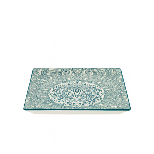D03-106 – Ceramic Square Plate 18×18 cm – Green Arabesque Pattern