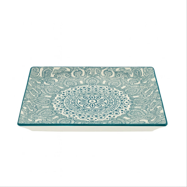 D03-108 – Ceramic Square Plate 26 cm – Green Arabesque Pattern