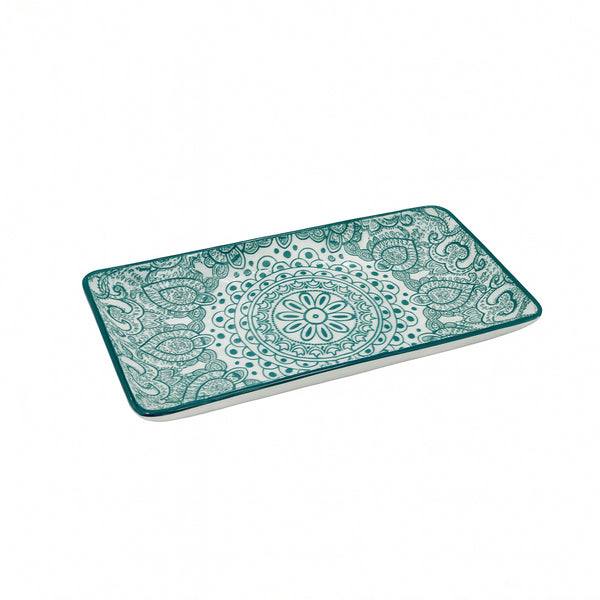 D03-070 – Ceramic Rectangular Plate 8.875 Inches – Green Arabesque Pattern