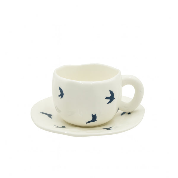 1511-20 Ceramic Cup & Saucer – Elegant Flying Birds Print Design
