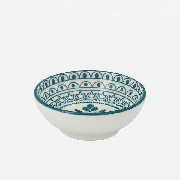 D03-056 – Ceramic Round Dish 3.125 Inches – Green Arabesque Pattern
