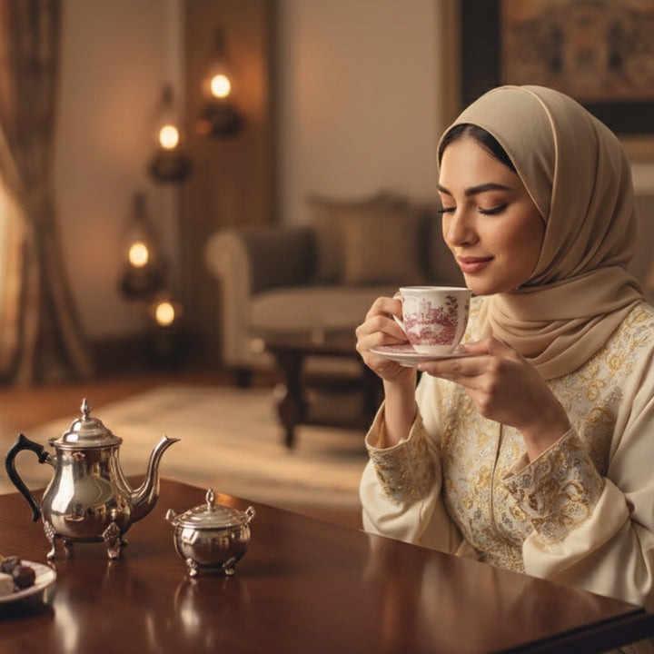 Woman in hijab enjoying a cup of tea in a cozy living room.