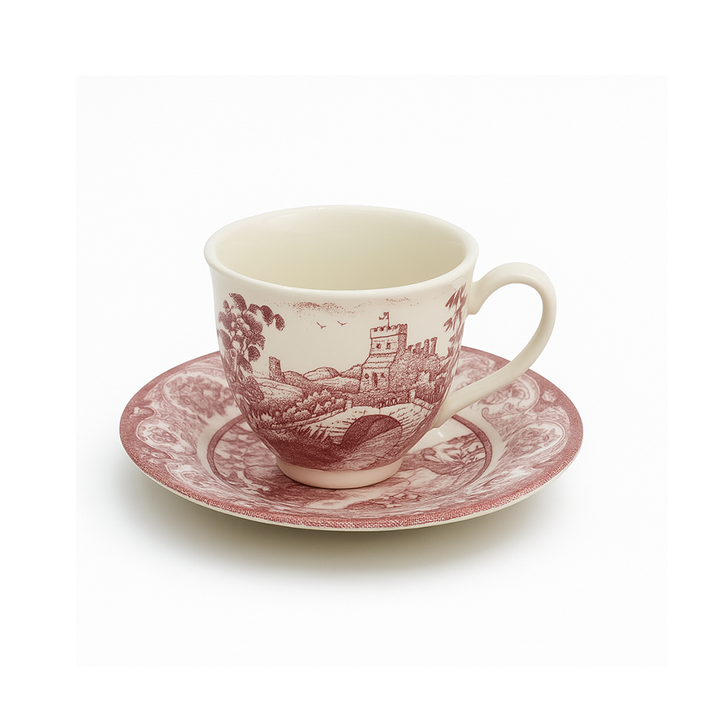 Ceramic cup and saucer with vintage design on a white background