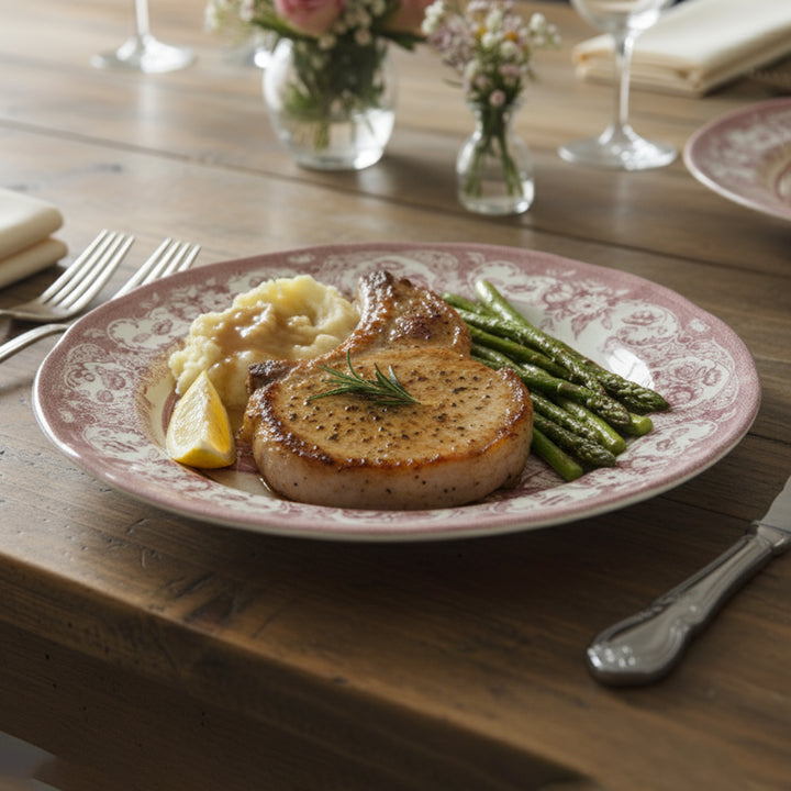 Plated dish of meat, asparagus, and mashed potatoes on a wooden table with floral decorations.